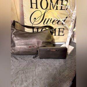 Cole Haan metallic leather shouldered bag with matching zip around wallet. EUC